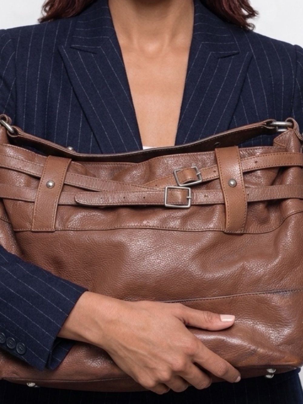 Rebecca Minkoff Brown Leather Shoulder Tote with Buckle Detail